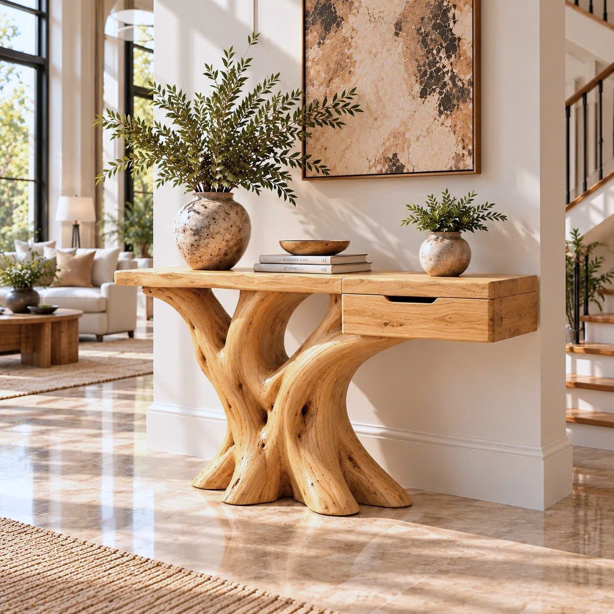 CSL 171 Luxali Handmade Wooden Console Table — a modern farmhouse masterpiece, meticulously handcrafted from solid natural Monkey Pod wood, showcasing refined artistry and designed to elevate any living room