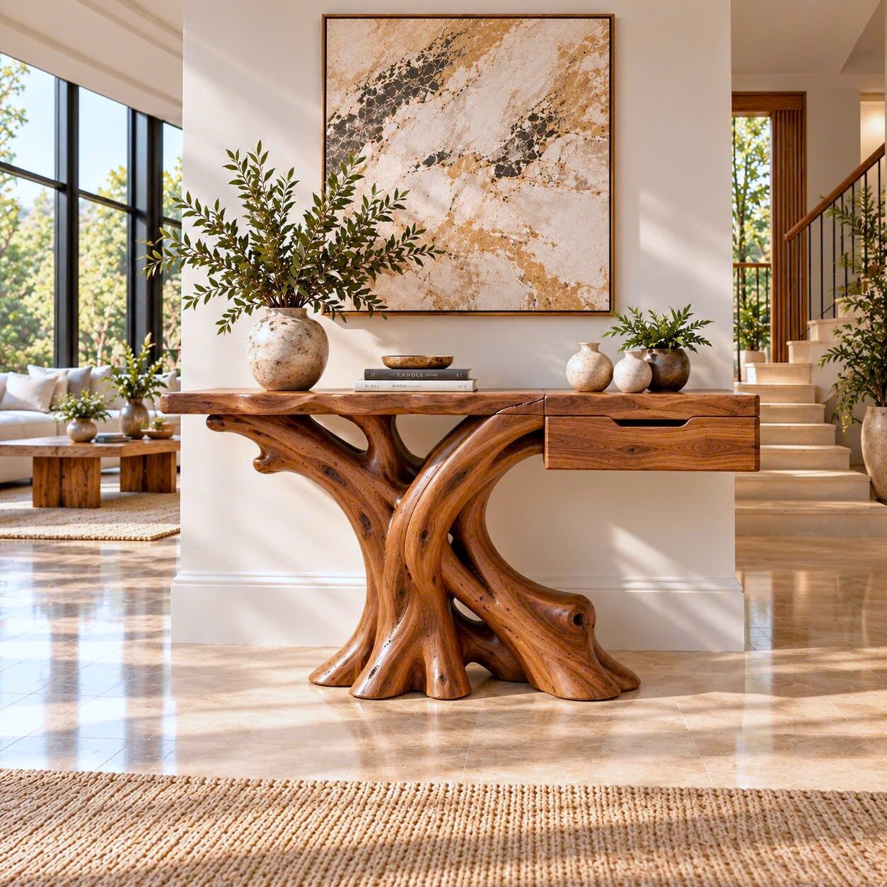 CSL 172 Luxali Handmade Wooden Console Table — a modern farmhouse masterpiece, meticulously handcrafted from solid natural Monkey Pod wood, showcasing refined artistry and designed to elevate any living room