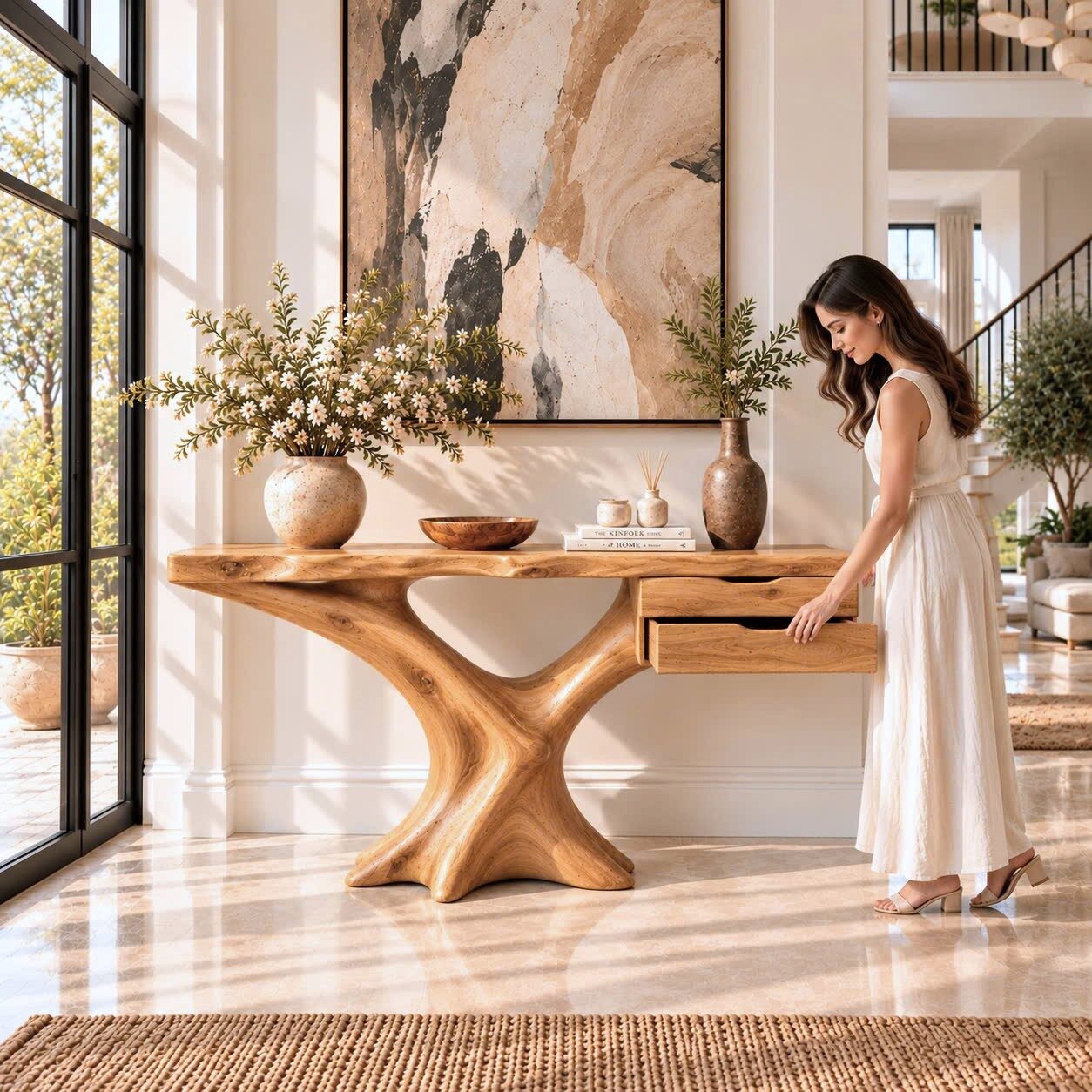 CSL 174 Luxali Handmade Wooden Console Table — a modern farmhouse masterpiece, meticulously handcrafted from solid natural Monkey Pod wood, showcasing refined artistry and designed to elevate any living room
