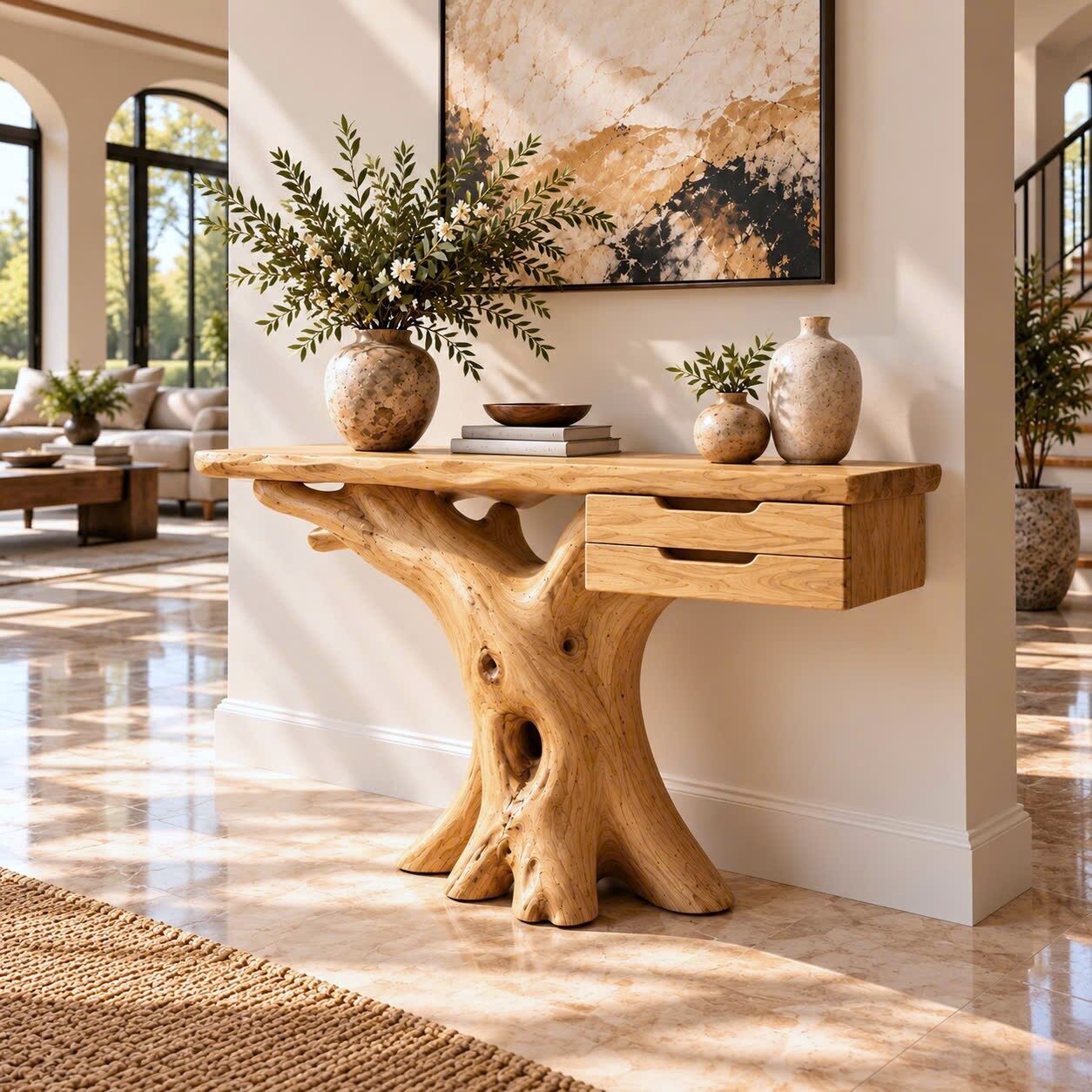 CSL 175 Luxali Handmade Wooden Console Table — a modern farmhouse masterpiece, meticulously handcrafted from solid natural Monkey Pod wood, showcasing refined artistry and designed to elevate any living room